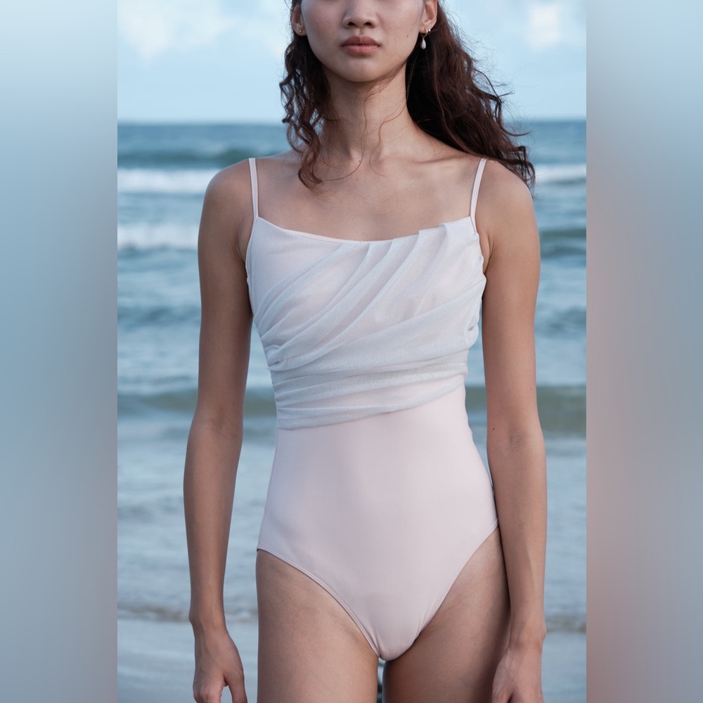 Dancing ripple Mesh Draped Camisole Blush Sand ballet Leotard